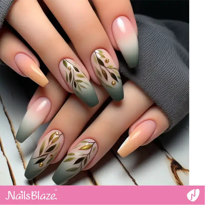 Long Ombre Olive Leaf Nails | Nature-inspired Nails - NB1610